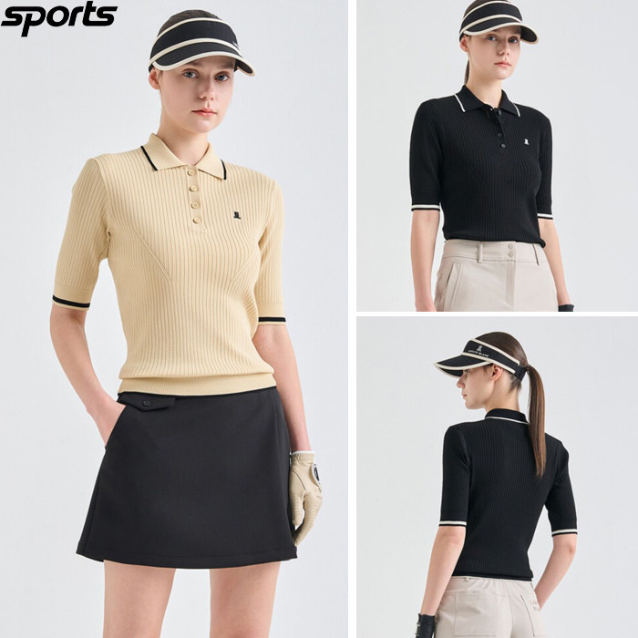 韩国代购lanvin blanc高尔夫球服26春夏女配色翻领修身半袖针织衫