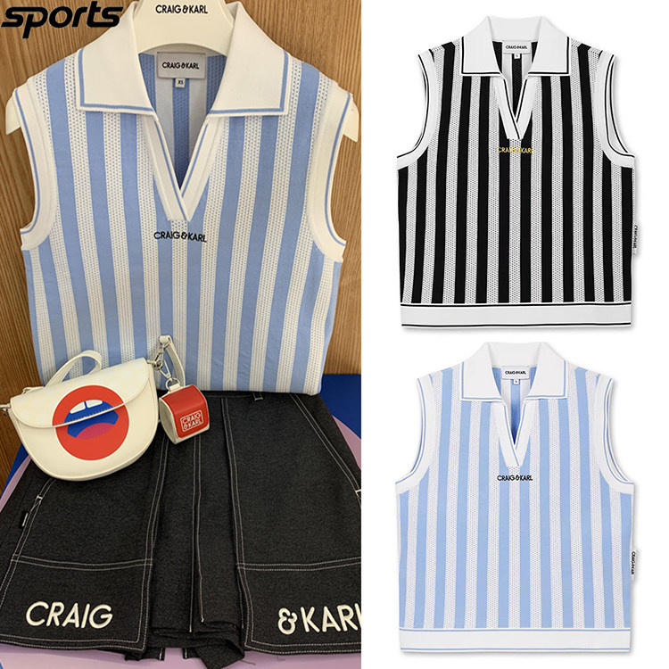 韩国代购CRAIG KARL高尔夫26春夏V领镂空无袖条纹户外马甲背心女