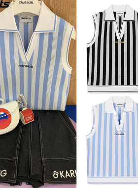 韩国代购CRAIG KARL高尔夫26春夏V领镂空无袖条纹户外马甲背心女