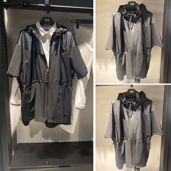 韩国代购PXG高尔夫球服26春女子连帽纯色中长款运动收腰防水雨衣