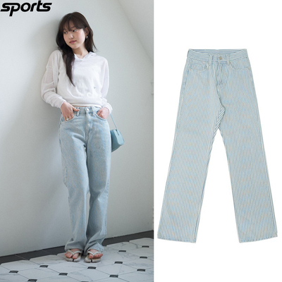 韩国代购Pivvee高尔夫球裤26春夏女条纹配色运动休闲修身直筒裤