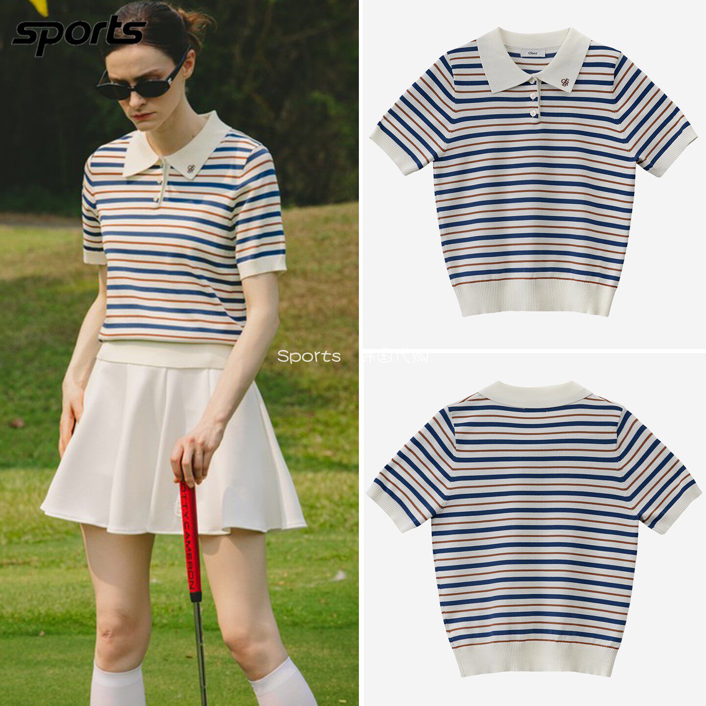 韩国代购ober golf高尔夫26年夏条纹弹力收腰运动针织POLO衫T恤女