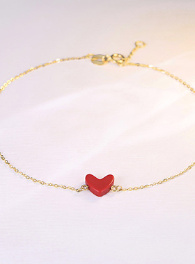 日本纯18K金小红心手链 女款珊瑚色桃心形Au750金女友生日礼物