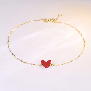 日本纯18K金小红心手链 珊瑚色桃心形Au750金女友生日礼物 女款