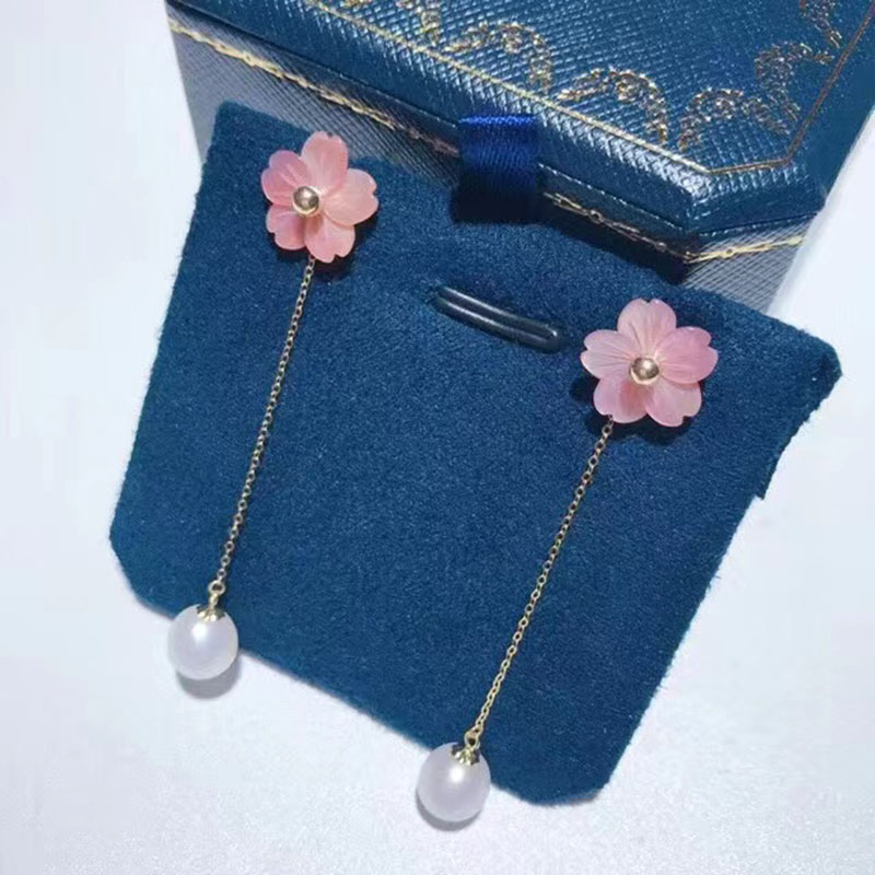 纯18K金时尚贝壳花淡水珍珠耳坠饰AU750耳线黄白玫瑰彩金耳钉简约