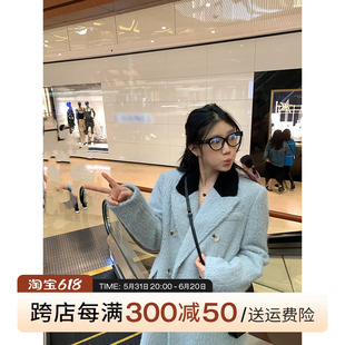 西装 式 店蓝色长款 王少女 毛呢大衣2024秋冬高级感气质双排扣外套