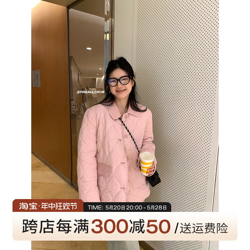 王少女的店粉色两面穿格子棉服厚外套2024秋冬休闲拼接灯芯绒上衣