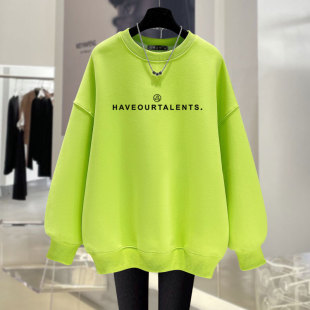 宽松休闲百搭洋气 中长款 荧光绿色字母圆领卫衣女秋冬新款 欧货大版