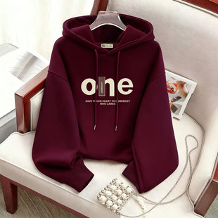 红色连帽卫衣女加绒2025新款春秋冬薄款字母时尚洋气上衣外套短款