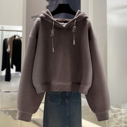 深咖色短款纯色连帽卫衣女秋冬季加绒加厚小众设计感潮牌时尚外套