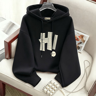 加绒宽松休闲短款连帽卫衣女印花