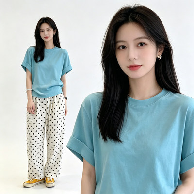 湖蓝雪花棉宽松短袖T恤女夏季