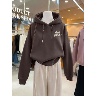 裂纹小字母上衣外套短款 薄款 春秋冬季 咖色连帽卫衣女加绒2025新款
