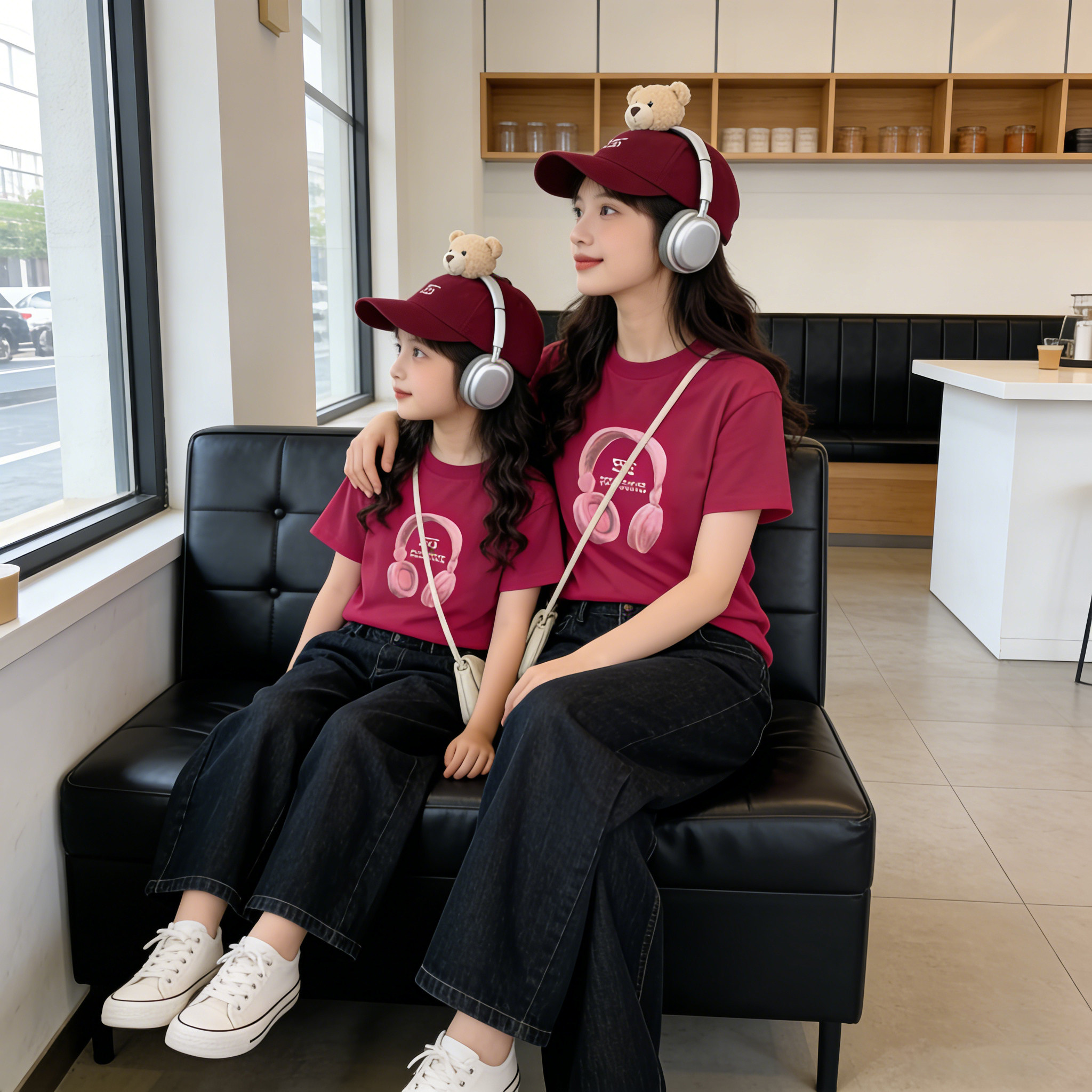 纯棉耳机短袖T恤女夏季新款儿童亲子装潮牌休闲ins欧美风时尚上衣