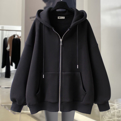 加绒连帽拉链慵懒风纯色外套卫衣