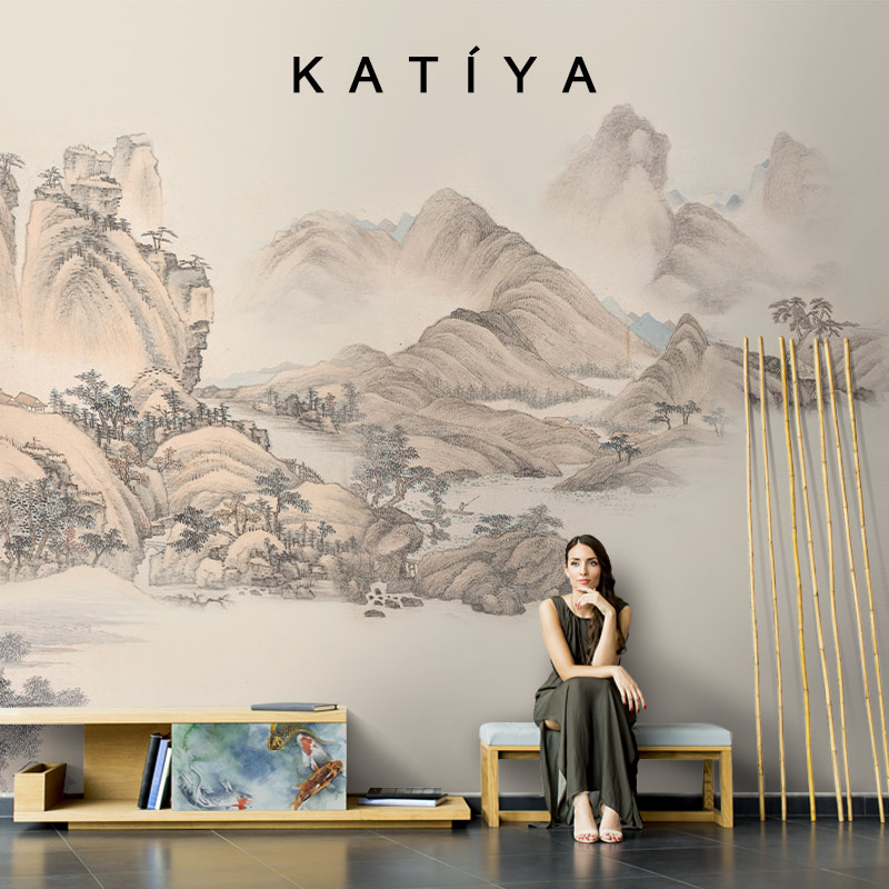 Katiya新中式轻奢山水壁纸装饰墙布电视背景墙简约手绘定制壁画8d图片