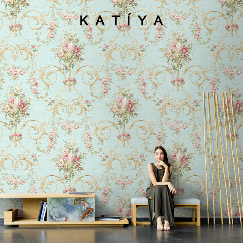 Katiya美式复古碎花墙布装饰电视背景墙沙发客厅卧室壁纸定制壁画图片