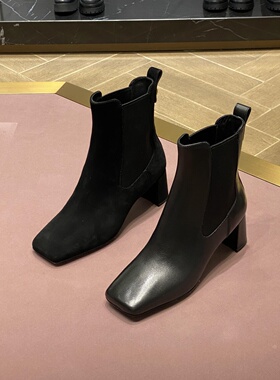 STELLA LUNA秋冬弹力套筒切西靴粗跟方头真皮瘦瘦靴女SL322110