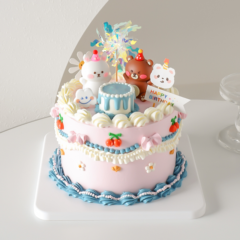 网红ins风蛋糕装饰可爱派对帽小熊小兔摆件生日快乐蜡烛雨丝插件