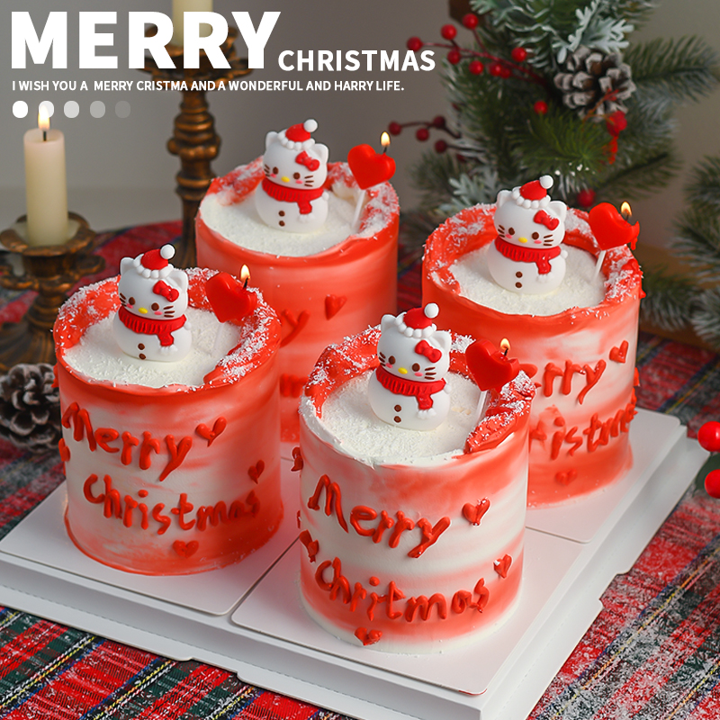 新款圣诞节雪人KT猫蛋糕装饰摆件HelloKitty红色爱心蜡烛圣诞插件