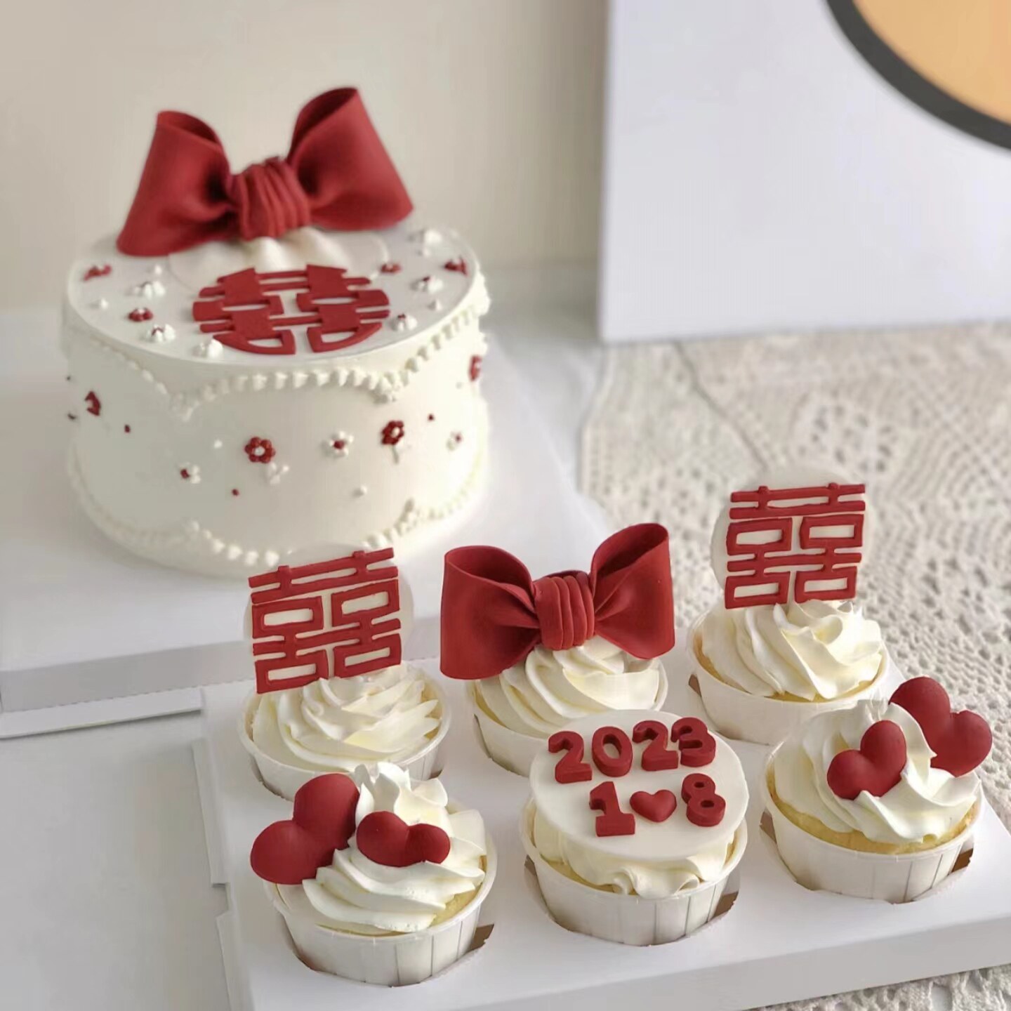 喜字蛋糕装饰摆件红色爱心双喜中式婚礼订婚结婚派对甜品台装扮