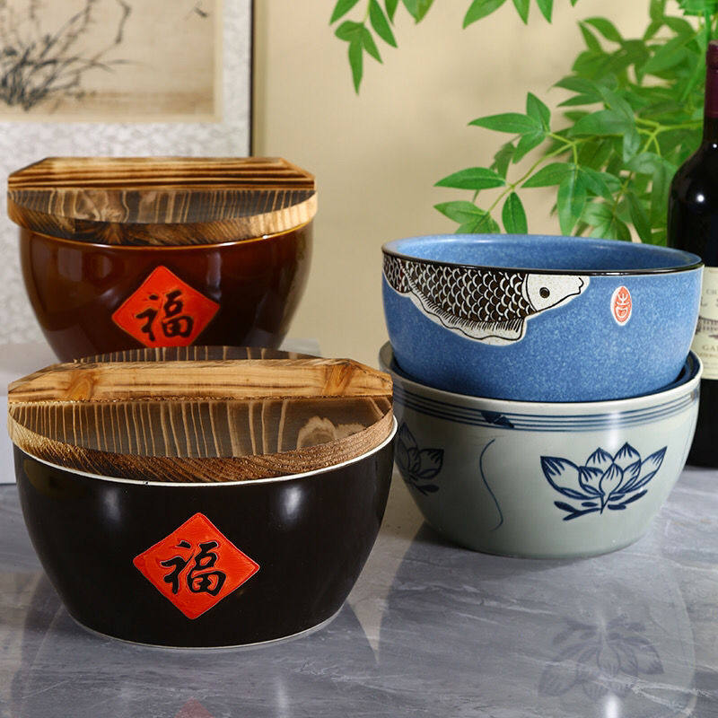 复古商用陶瓷带盖瓷钵发面碗钵钵鸡碗高温猪油钵大汤碗米饭碗餐具