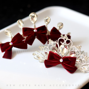 女童新年红色丝绒插梳头饰水晶皇冠头饰公主儿童高端大气水钻发饰