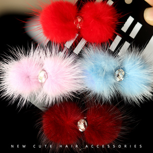 儿童发夹新款水钻毛毛发夹女宝宝可爱毛绒球发饰百搭新年红色头饰