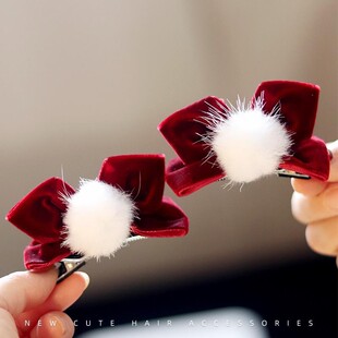 儿童发饰百搭立体蝴蝶结发夹女童高级感丝绒侧耳对夹公主新年头饰