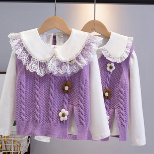 女童毛衣马甲衬衫套装儿童春秋加绒针织背心洋气小女孩春秋打底衫