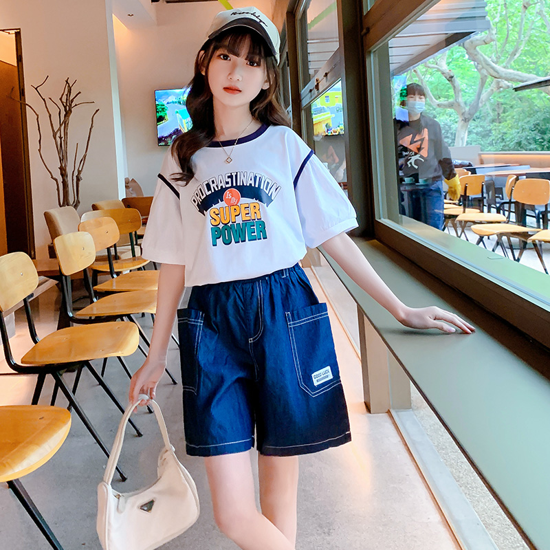 女童网红套装夏季新款儿童洋气牛仔短裤12岁女孩短袖时髦大童女装