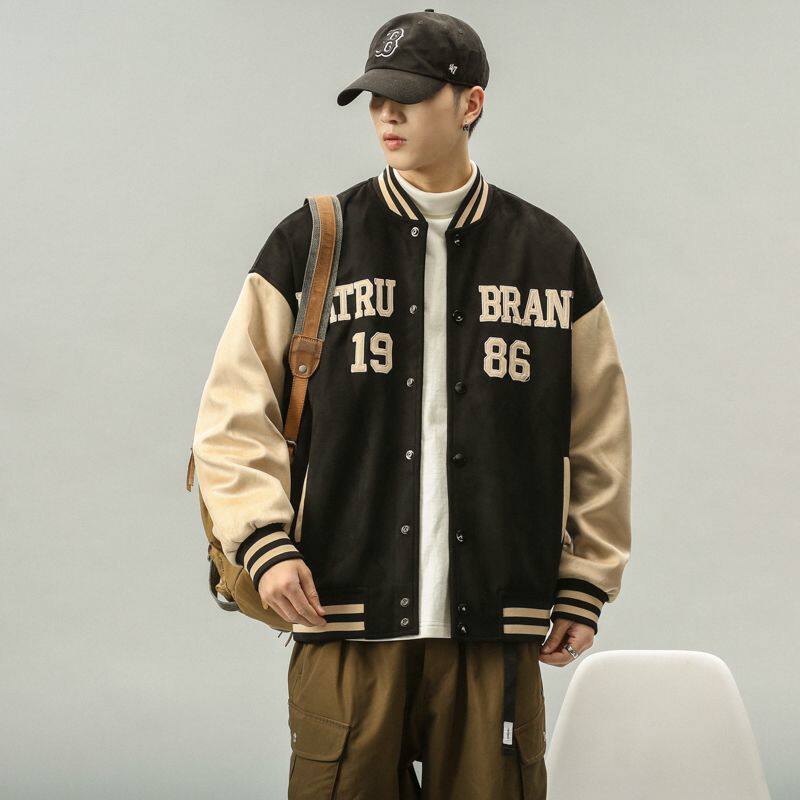 春秋防风美式重磅潮流复古立领麂皮绒棒球服男宽松飞行员夹克