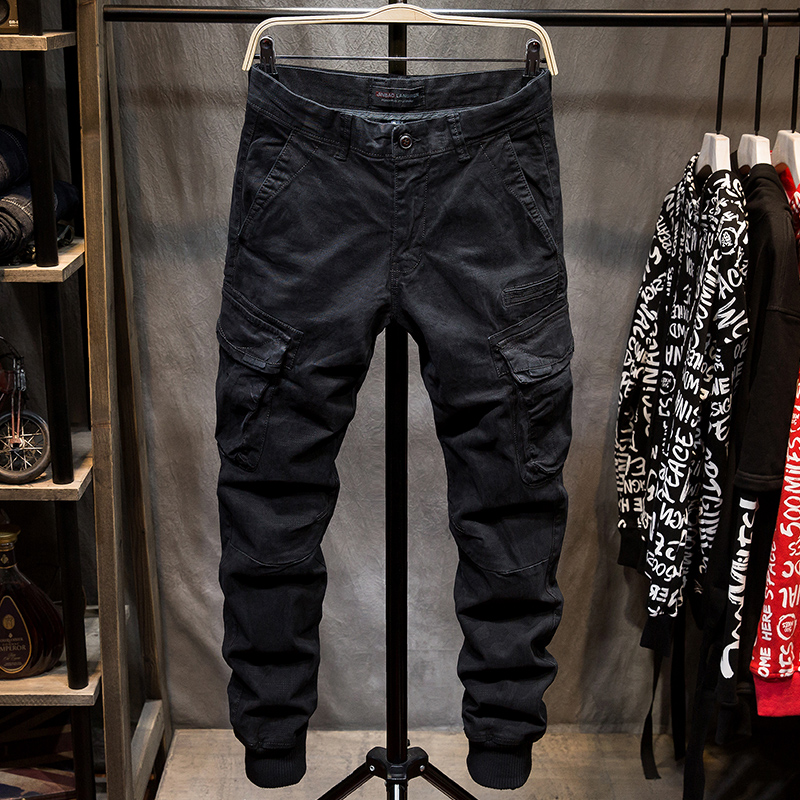 秋冬免烫牛仔裤男修身潮牌束脚裤黑色休闲工装百搭裤子男韩版潮流