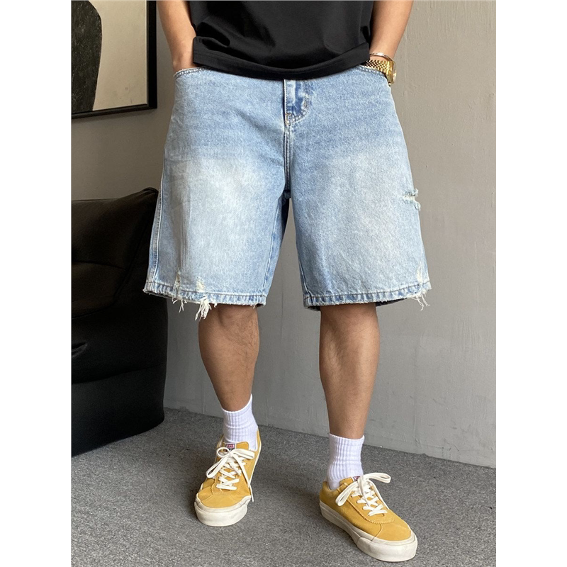 夏季美式休闲痞帅重磅复古破洞牛仔短裤男直筒宽松高街五分裤潮牌