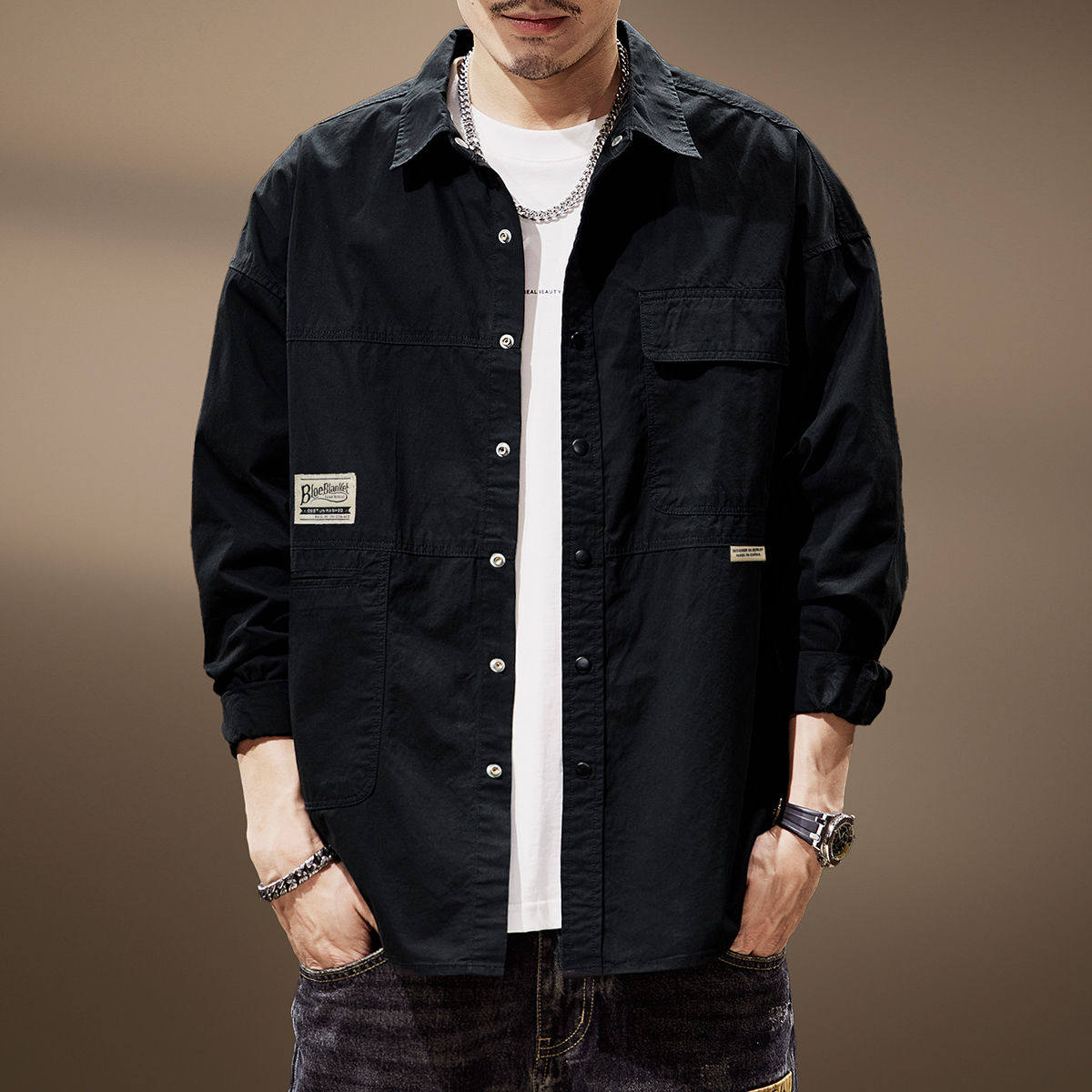 高端美式复古黑色工装长袖衬衫男士秋季新款潮牌宽松休闲衬衣外套