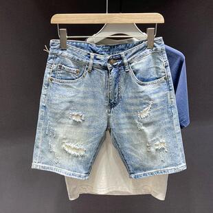 夏季破洞牛仔裤男修身短裤男士破烂乞丐五分裤男个性补丁痞帅中裤