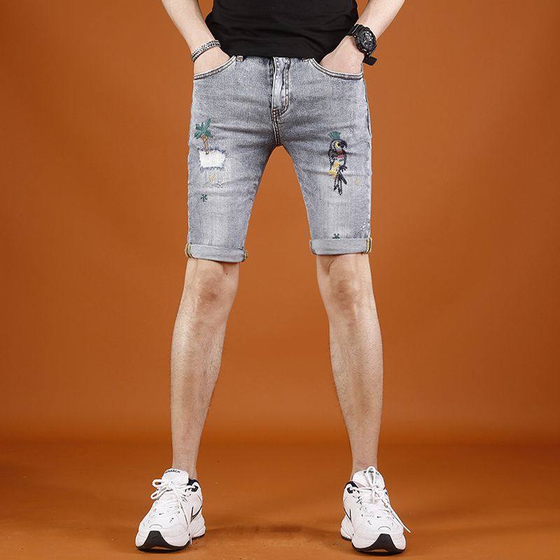 刺绣五分牛仔裤男潮牌修身破洞短裤韩版男士高端中裤弹力5分裤子