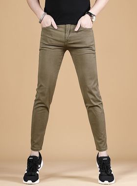九分牛仔裤男士军绿色弹力修身小脚韩版卡其色9分休闲裤夏季薄款