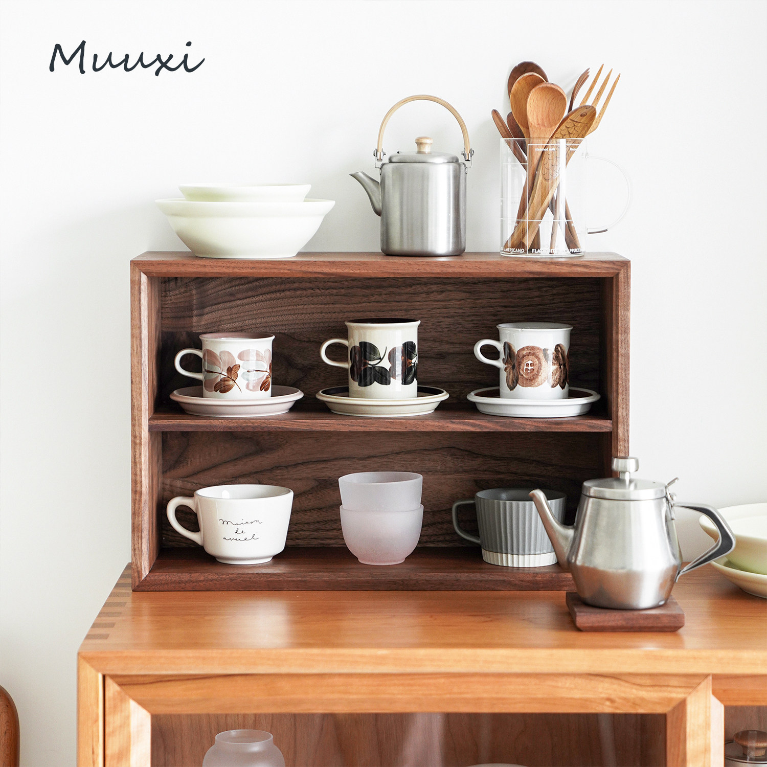 木兮muuxi桌面实木置物架 樱桃黑胡桃木日式北欧展示收纳杯子搁架