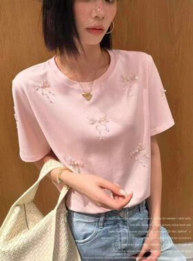 欧洲站2026夏季新款Dong.one重工钉珠蝴蝶结短袖T恤百搭正肩上衣