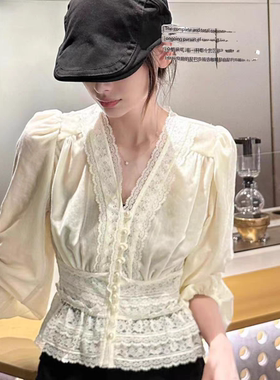 欧洲站25秋季新款V+.com洋气减龄蕾丝衬衫女收腰显瘦气质百搭上衣