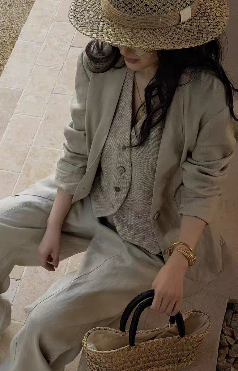 欧洲站2026春季新款V+.com老钱风西装外套马甲背心阔腿裤三件套装