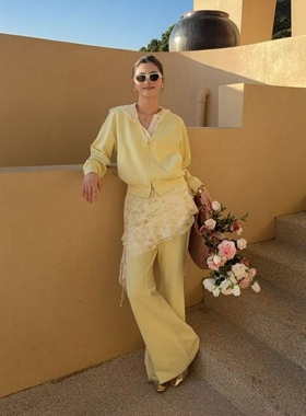 欧洲站2026春季新款DT.Dong连帽蕾丝衫拉链卫衣外套阔腿裤三件套