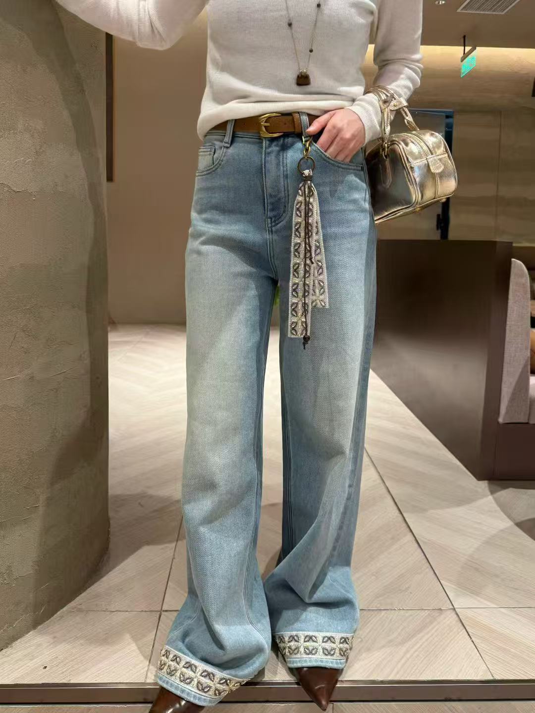 2025秋冬新款洋气飘带阔腿牛仔裤