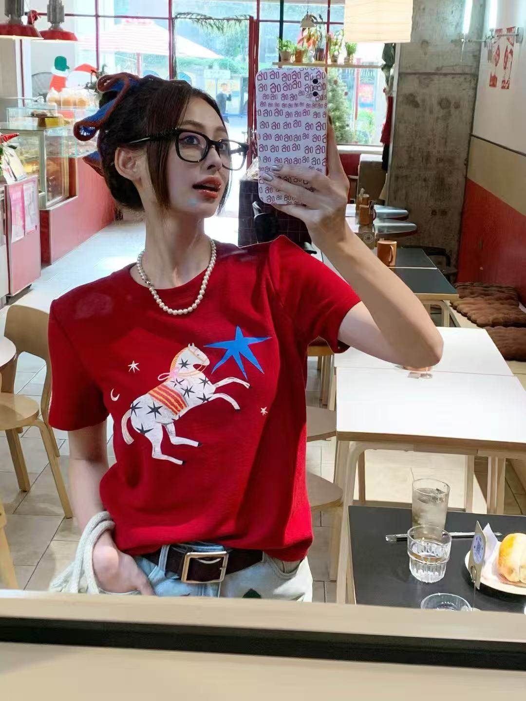 欧洲站2026春季新款V+.com圆领卡通小马印花短袖T恤百搭磨毛上衣