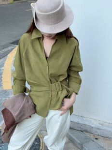 欧洲站2026冬季新款V+.com高端洋气系带收腰丝绒衬衫女人味上衣女