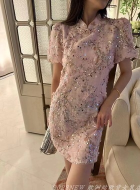 欧洲站2025夏款V+.COM法式泡泡袖中长连衣裙亮片盘扣A字裙89506