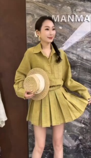 .com收腰中长款 百褶长袖 衬衫 欧洲站2026春季 套装 高腰短裤 女 新款