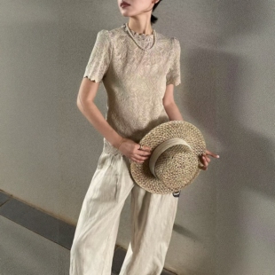 新款 T恤上衣减龄打底衫 气质蕾丝短袖 女 .com法式 欧洲站2026春季