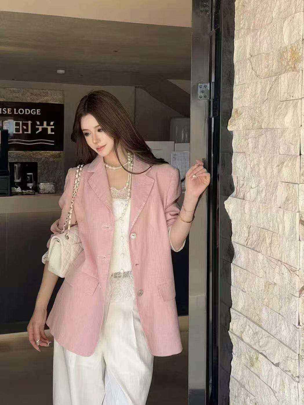 欧洲站2025早春新款V+.com韩版宽松西装外套高级感亚麻百搭上衣女